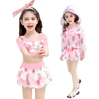 

3Pcs/set Cartoon Children Swimming Baby Girl Pineapple Printed Ruffles Split Swimsuit Set Summer Sunscreen Beachwear Swimwear
