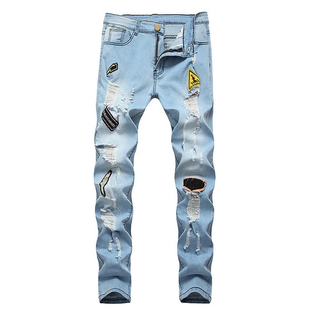 Джинсы Для мужчин одежда джинсы комплект для мальчиков осенний шерстяной из джинсовой ткани и хлопковой подкладкой для мальчиков, рваные карманы, брюки рваные джинсы брюки-карандаш Для мужчин в уличном стиле