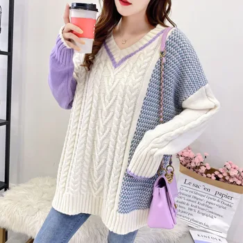 

Knitted Sweater Pullover Women's Lazy Style 2020 New Autumn Loose Korean V-neck Patchwork Warm Sweater Top Outerwear Female