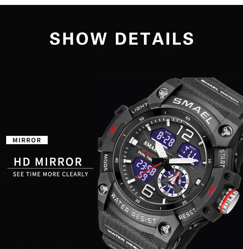 SMAEL Sports Dual Display Watch For Men LED Digital Quartz Waterproof Watches Men's Stopwatches Student Clock Youth Wristwatches