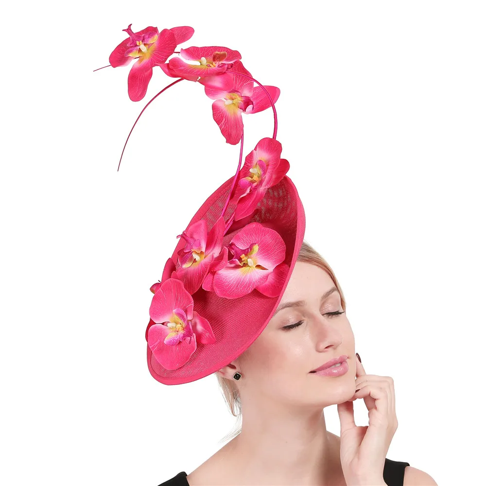 Элегантные женские вечерние головные уборы millinery derby, ярко-розовые головные уборы, вуалетки с красивым цветочным декором, Великолепные женские головные уборы