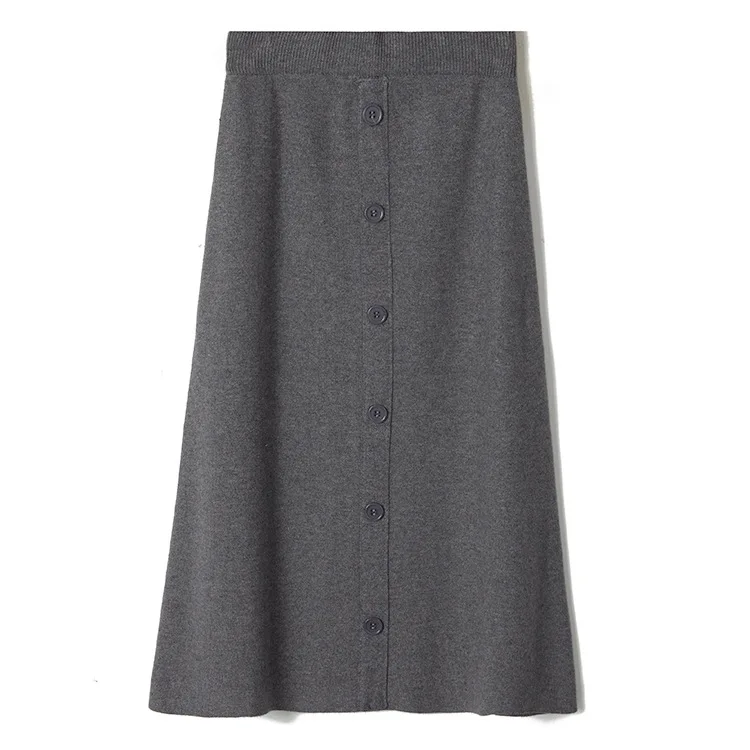 Tataria, женские осенне-зимние теплые юбки для женщин, трикотажная юбка средней длины, Женская длинная юбка на пуговицах, Ретро стиль, эластичная талия, вязаные юбки - Цвет: Gray