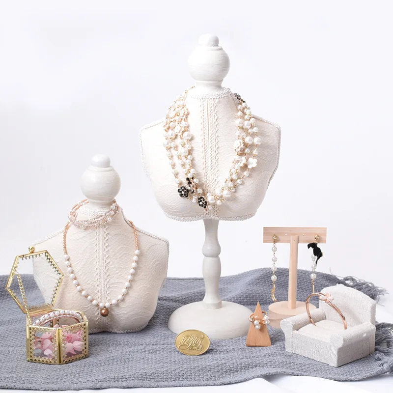 Unique Retro Wooden Lace Mannequin Bust Jewelry Necklace Bracelet Display Rack Earring Jewelry Display Stand Holder Storage Box