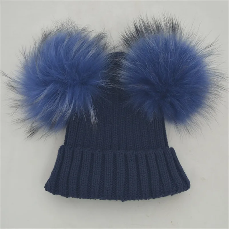 Милая вязаная шапочка для малыша, зимняя теплая шапка для мальчиков и девочек от 6 месяцев до 3 лет, шапка из натурального меха енота с помпонами
