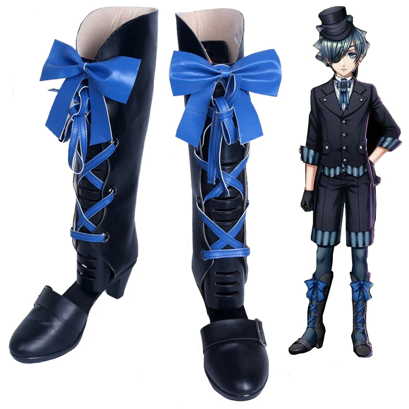 Сапоги для косплея Black Butler Kuroshitsuji Сиэль фантомхайв с синим бантом аниме обувь