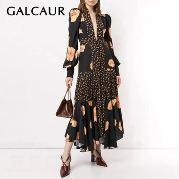 

GALCAUR Vintage Print Women Dress V Neck Lantern Long Sleeve High Waist Irregular Hem Hit Color Dresses Female Fashion Clothing