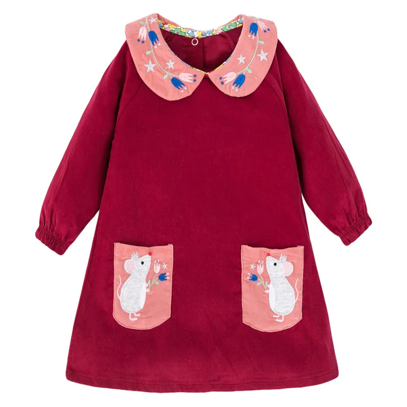 Jumping meters New Cotton Corduroy Princess Girls Dresses for Autumn Winter Kids Pockets Animal Applique Collar Fashion Dress | Детская