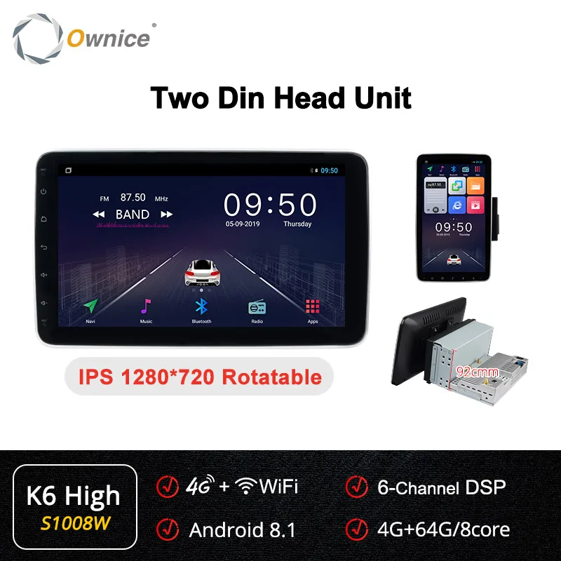 Ownice k3 k5 k6 1280*720 10," Android 9,0 Вращающийся 1 din 2 din универсальный gps Navi автомобильный стерео плеер радио 4G 360 панорама SPDIF - Цвет: S1008 K6 high