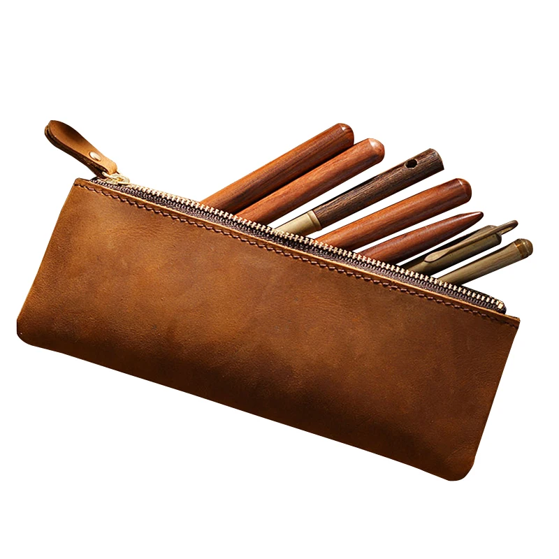 Retro Handmade Leather Zipper Pencil Case 100% Genuine Leather Large Capacity Pen Bag Holder School Stationary for Writing Tool 3