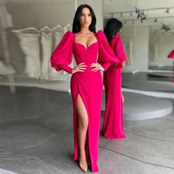 Floor Length Evening Party Gown For Woman Slit With Long Sleeves Prom Dresses Straight Vestido Rojo De Fiesta Flegante 2021