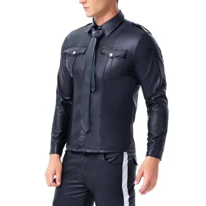 Black Faux leather Long Sleeve Mens t Shirt PU Leather T Shirts Men Sexy Fitness Tops Gay Tee Shirt Homme Sexy Party Clubwear (9)