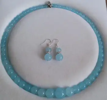 

6-14mm Brazilian Aquamarine Round Beads Necklace Earrings Set 18" AAA
