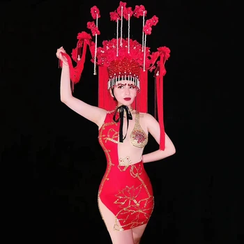 

Stage Costumes Red Package Hip Rhinestone Dress Female Celebrity Dresses Bar Singer Dj Ds Rave Clothes Festival Outfit DT1925