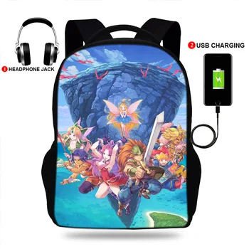 

USB Backpack School Bags trials of mana Mochila Travel Bags Laptop Chain Backpack Headphone USB Port