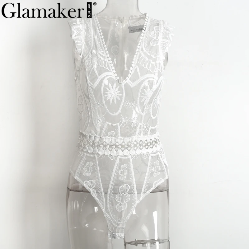 Женский кружевной комбинезон Glamaker прозрачный из сетки с v образным вырезом