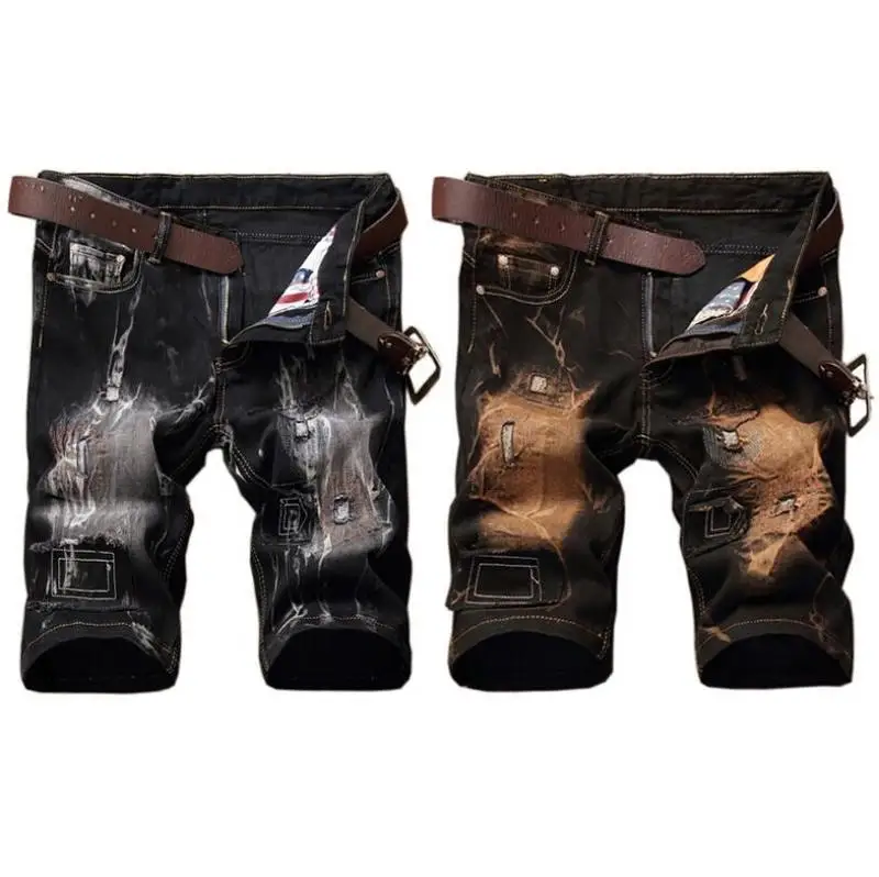 Летние мужские джинсовые шорты с дырками из хлопка, повседневные мужские модные прямые джинсовые шорты высокого качества