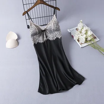

Summer Sexy Mini Lace Nightgown Spaghetti Strap Nightdress Women Black Satin Bathrobe Gown Sleepwear Summer Intimate Lingerie