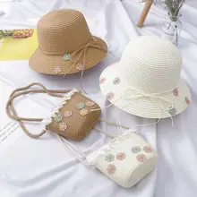 Новые летние детские соломенные шляпы, цветная детская пляжная кепка с цветком, Детская фотография, реквизит, шляпка для девочки Кепка с козырьком от солнца+ сумка, 2 шт