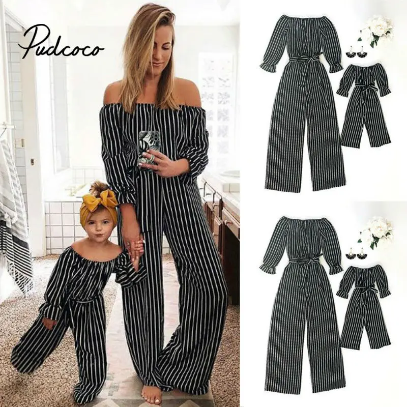 pudcoco 2020 New Summer Casual Mommy and Me Family Matching Striped Printed Jumpsuits Outfits Mother and Daughter Girl Jumpsuit