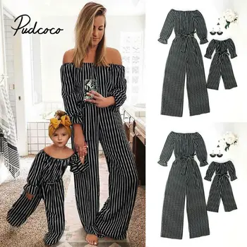 

pudcoco 2020 New Summer Casual Mommy and Me Family Matching Striped Printed Jumpsuits Outfits Mother and Daughter Girl Jumpsuit