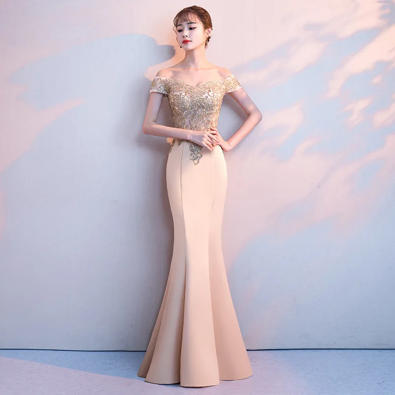 Gold Women Slash Neck Mermaid Party Dress Sexy Backless Costume Dress Evening Prom Long Short Sleeve Ball Gown Vestido XS-3XL