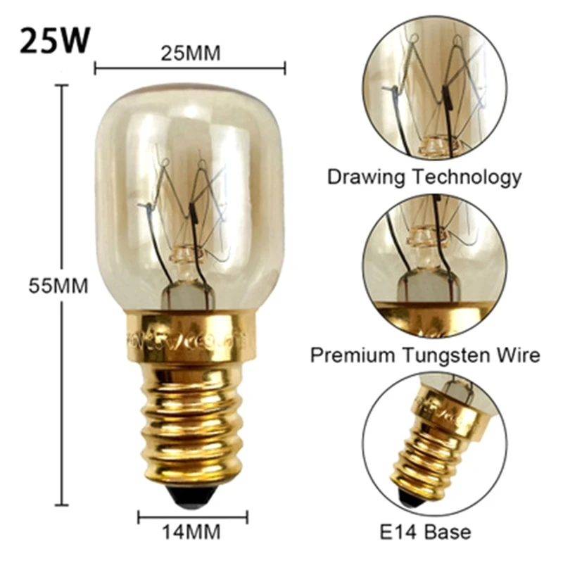 2pcs 220V E14 300 Degree High Temperature Resistant Microwave Oven Bulb Cooker Lamp Lighting Bulb 15W Silver Color