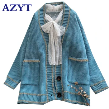 

2020 New Bright Silk Patchwork Sweater Female Cardigan Single-Breasted V Neck Loose Knit Cardigan Jacket For Women