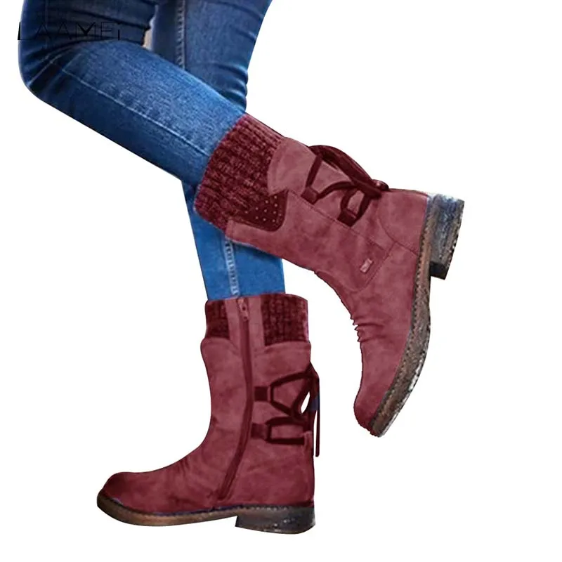 

Laamei Winter Shoes Women Boots Basic Women Mid-Calf Boots Round Toe Zip Platform Decor Female Shoes Warm Lace Up Boots Shoes