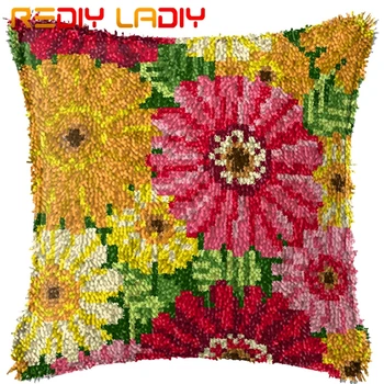 

Latch Hook Cushion Colorful Daisies Pillow Case Printed Color Canvas Acrylic Yarn Latched Hook Pillow Crochet Cushion Cover Kits