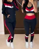 Colorblock Crop Top & High Waist Pants & Hooded Coat Set Casual Women 3 Piece Set Outfits Sleeve Style Clothing Length Collar ► Photo 3/6