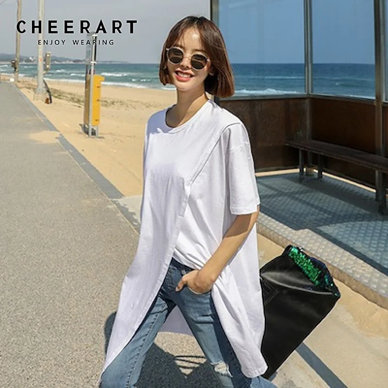 Футболки Cheerart из хлопка, женская белая длинная футболка, асимметричный летний топ, Повседневная дизайнерская футболка, топы с короткими рукавами