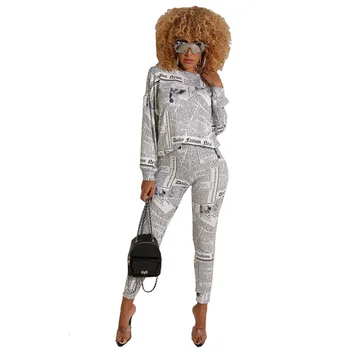 

Women Fall Set Outfits Sexy Two Piece Set Street Wear White Letter Printing Cotton and Ankle-Length Pants Club Matching Sets