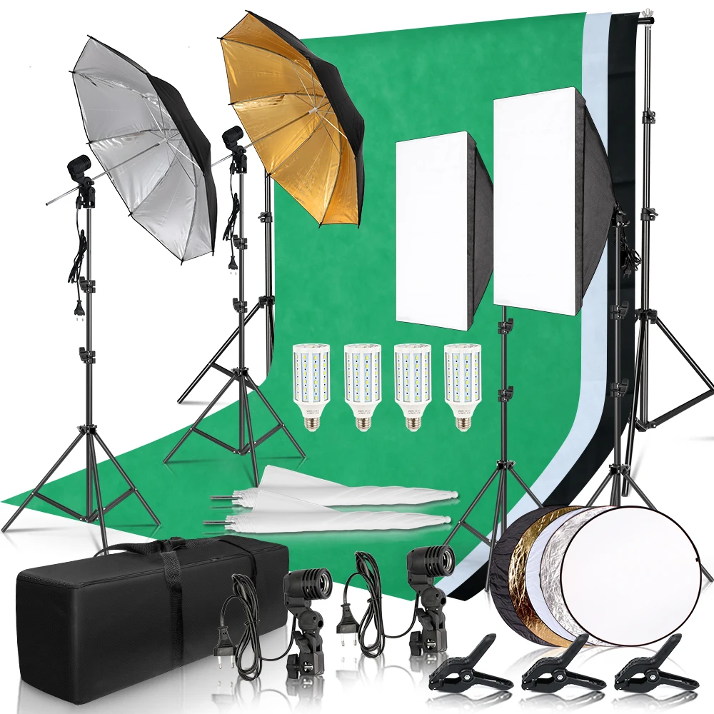 US $191.76 Photography Photo Studio Softbox Lighting Kit With 26x3M Background Frame 3pcs Backdrops Tripod Stand Reflector Board 4Umbrella