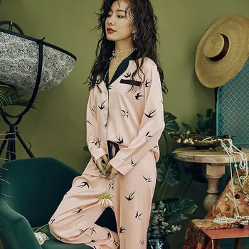 

Heart Print Pyjamas Silk Satin Pijamas Set Pajamas for Women Lace Long Sleeve Sexy Sleepwear Casual Homewear Loose Home Clothes