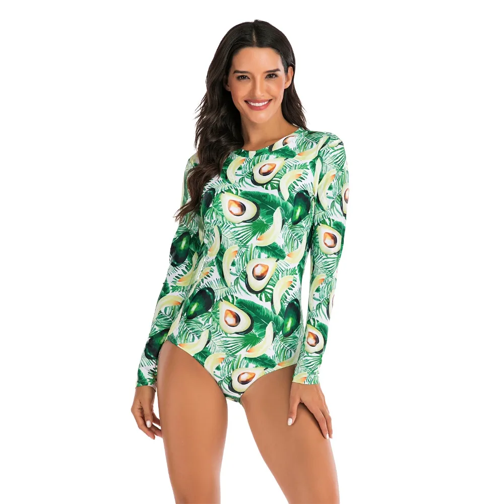 Shovkini, с принтом зеленых листьев, сдельный купальник, с длинным рукавом, для женщин,, поступление, сексуальный, с вырезом, для пляжа, для серфинга, купальник