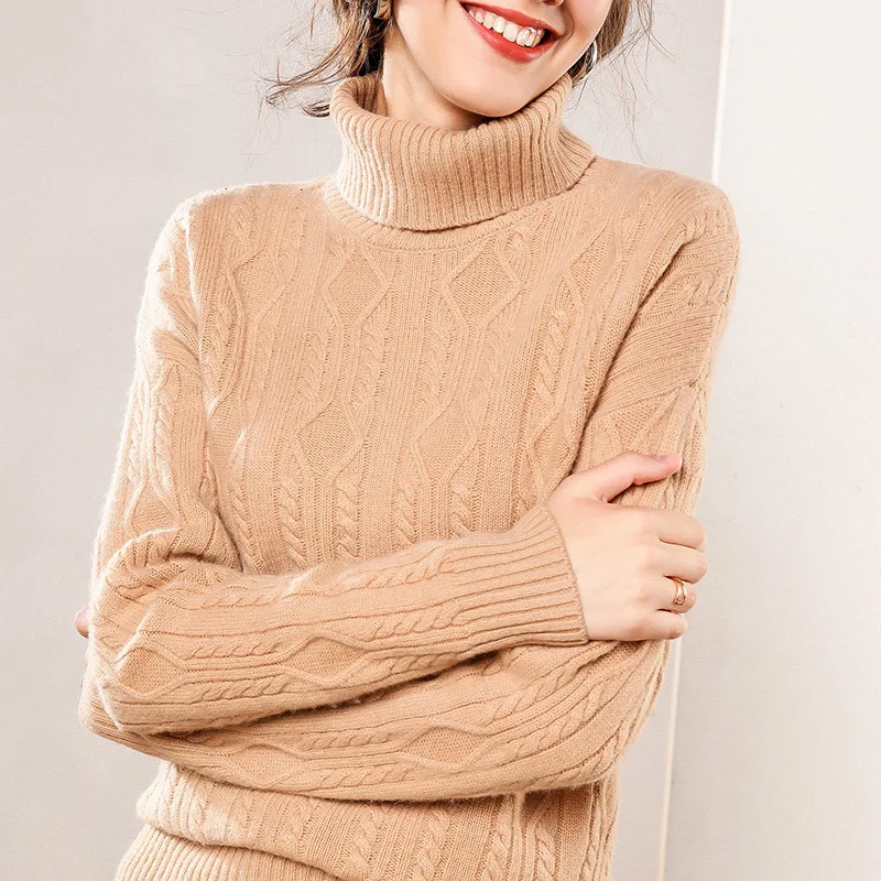 

Autumn And Winter New Style High Lapel Linen Flower Color Underwear Pullover 100 Pure Wool Knit Low Waist Jersey Solid Color Swe