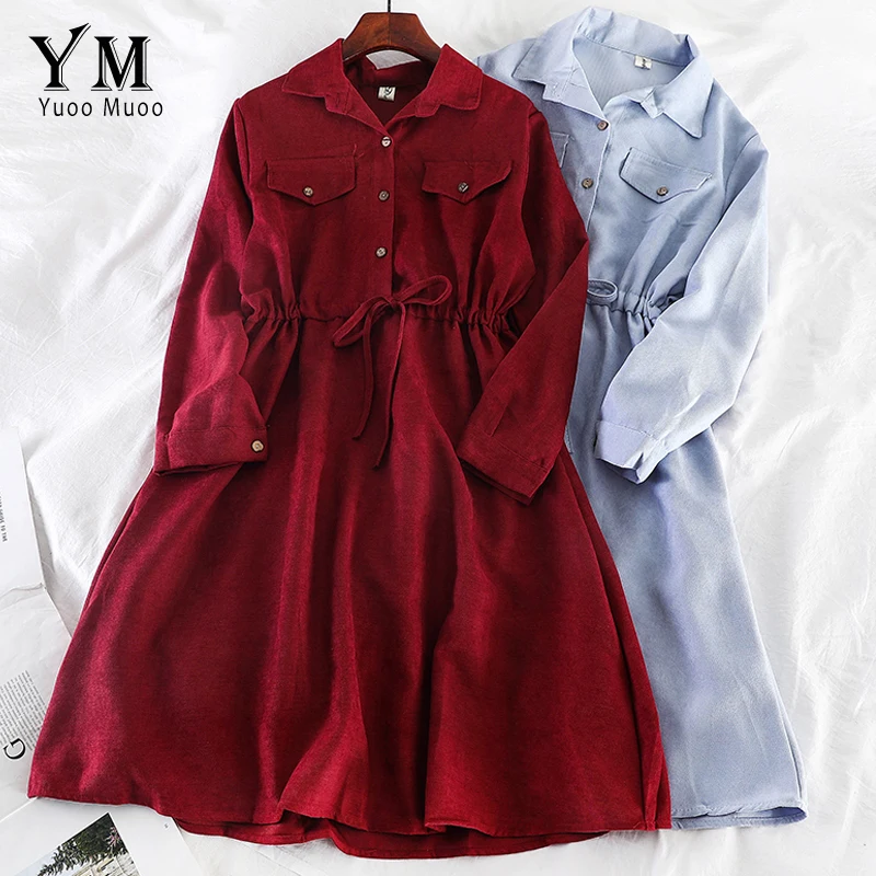 YuooMuoo Vintage Pockets Design Women Shirt Dress 2020 Autumn Winter Drawstring A Line Midi Dress Elegant Ladies Office Dresses YuooMuoo Vintage Pockets Design Women Shirt Dress 2020 Autumn Winter Drawstring A Line Midi Dress Elegant Ladies Office Dresses