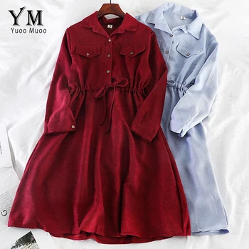 

Yuoomuoo Vintage Pockets Design Women Shirt Dress 2020 Autumn Winter Drawstring A Line Midi Dress Elegant Ladies Office Dresses
