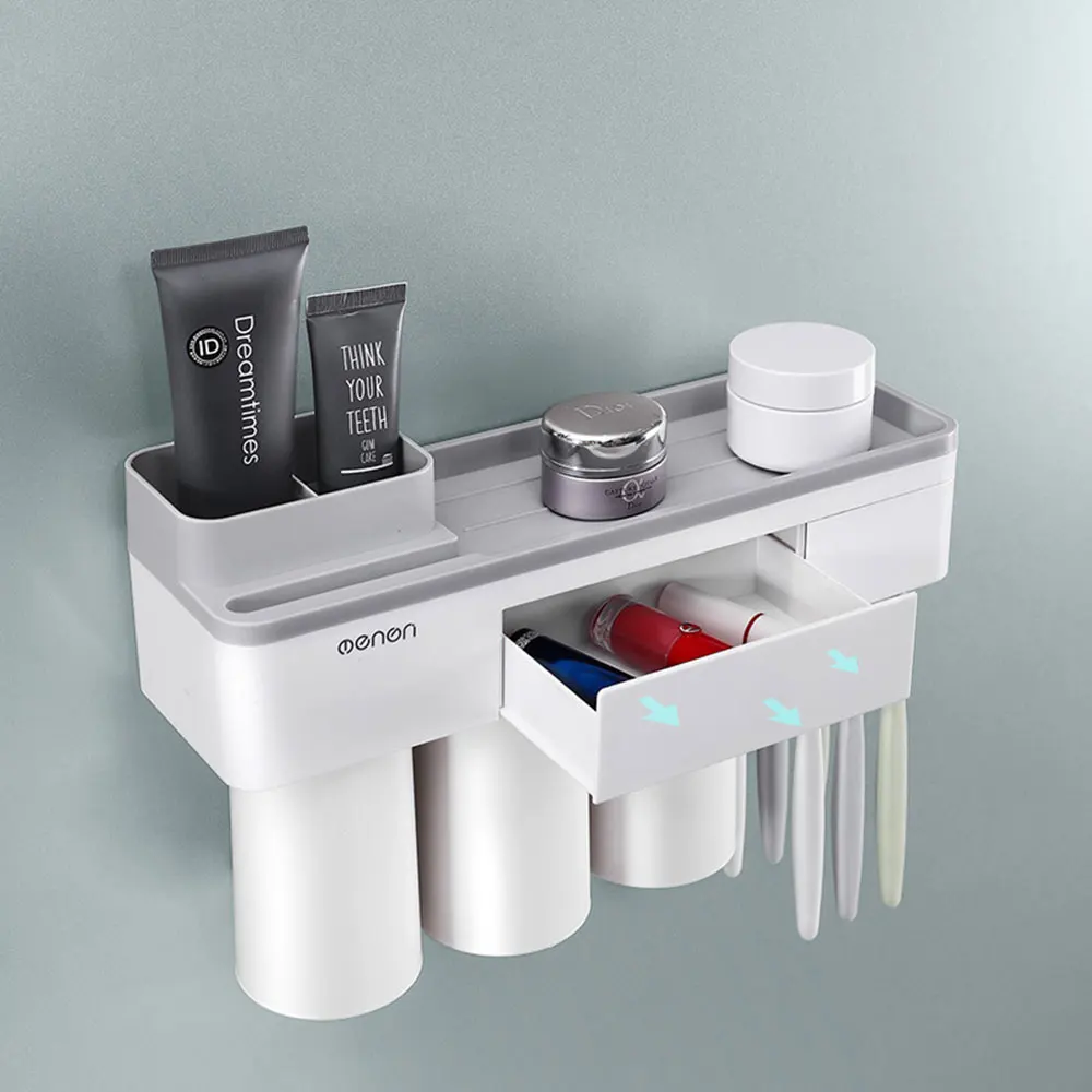 

Portable Toothpaste Squeezer Magnetic Toothbrush Holder with Cups Bathroom Accessories Storage Nail Free Creative Home Tools #