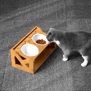 

Cat Bowls Pet Dining Table with Raised Slope Wooden Stand Elevated Pet Bowls with Oblique Stand for Cats, Dogs, Kitten and Puppy