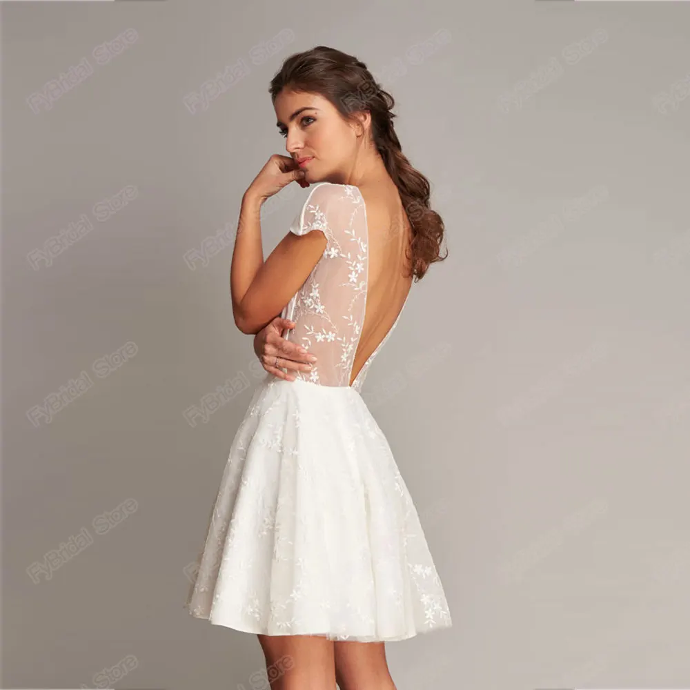 Vestido De Novia corto Simple De una línea, cuello redondo, manga