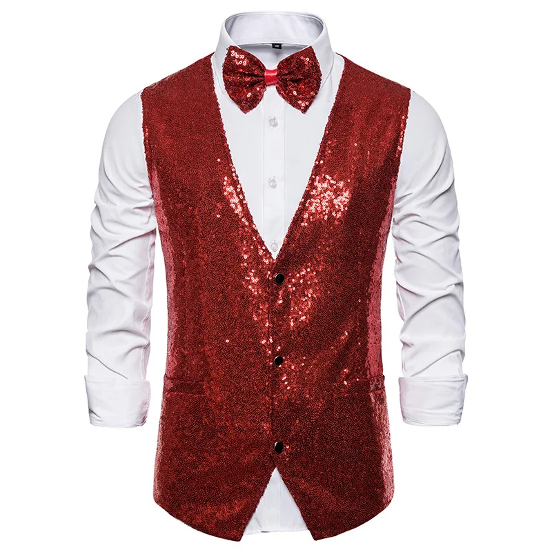2 шт., черные жилетки с блестками для мужчин(жилет+ галстук-бабочка), тонкий облегающий Блестящий жилет с v-образным вырезом, мужские вечерние костюмы для сцены, выпускного, певицы, танцора 2X - Цвет: Red
