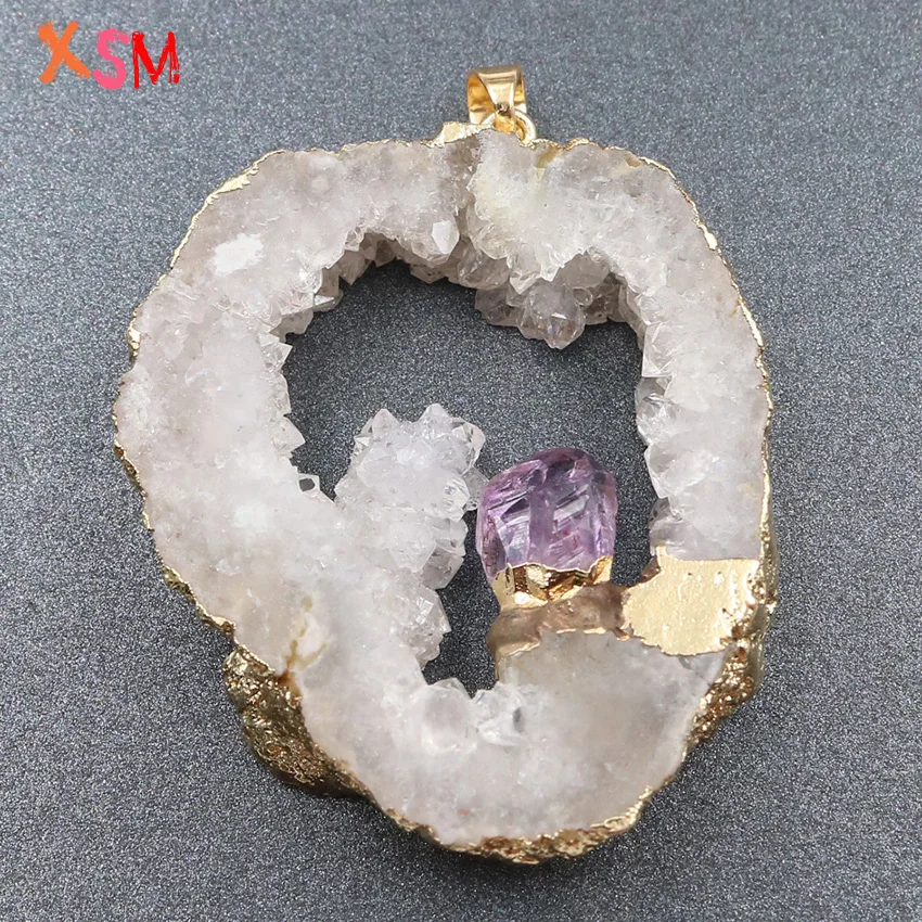 XSM Кристалл Druse фрагмент жеоды кулон естественный неправильной формы аметисты инкрустация полые Druzy для женщин талисманы ювелирных изделий ожерелье подходит