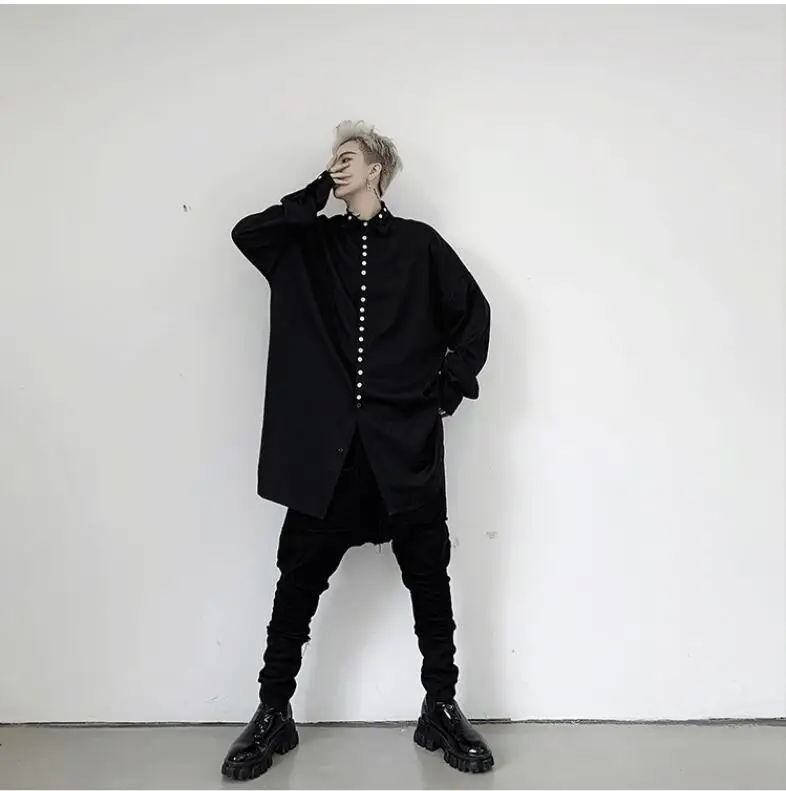 M-XL! Новинка весны, мужская Свободная рубашка с длинными рукавами, украшенная дикими темными пуговицами, Парикмахерская рубашка
