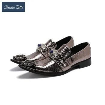 

Christia Bella Fashion Silver Genuine Leather Men Shoes Metal Pointed Toe Party Dress Shoes Men Business Formal Leather Shoes