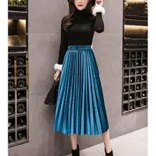 Лето Осень плиссированная юбка женская винтажная Вельветовая высокая талия юбки длинные модные юбка металлик