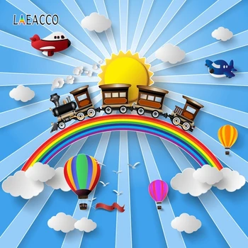 

Laeacco Rainbow Clouds Train Blue Sky Cartoon Baby Birthday Child Photography Backgrounds Photographic Backdrop for Photo Studio