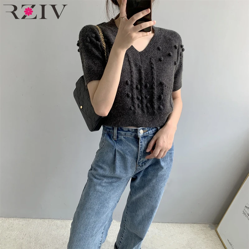 

RZIV Autumn and winter women's sweater casual solid color V-neck short-sleeved hair ball decorative sweater