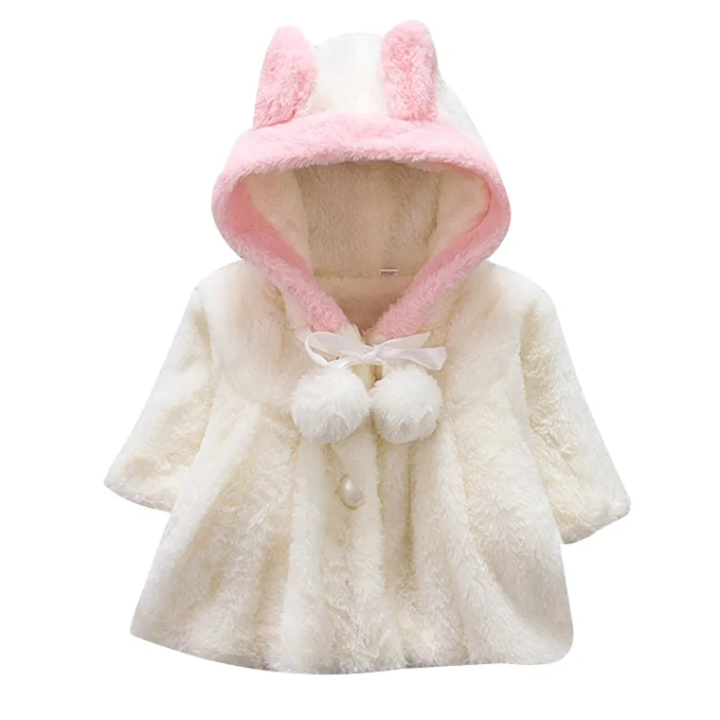 Зимнее пальто с мехом для маленьких девочек, худи с капюшоном и заячьими ушками, теплые кардиганы для девочек, От 0 до 4 лет - Цвет: W