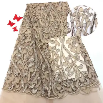 

all embroidery sequins plain gold french lace African tulle fabric unique high quality 5 yards hot sale